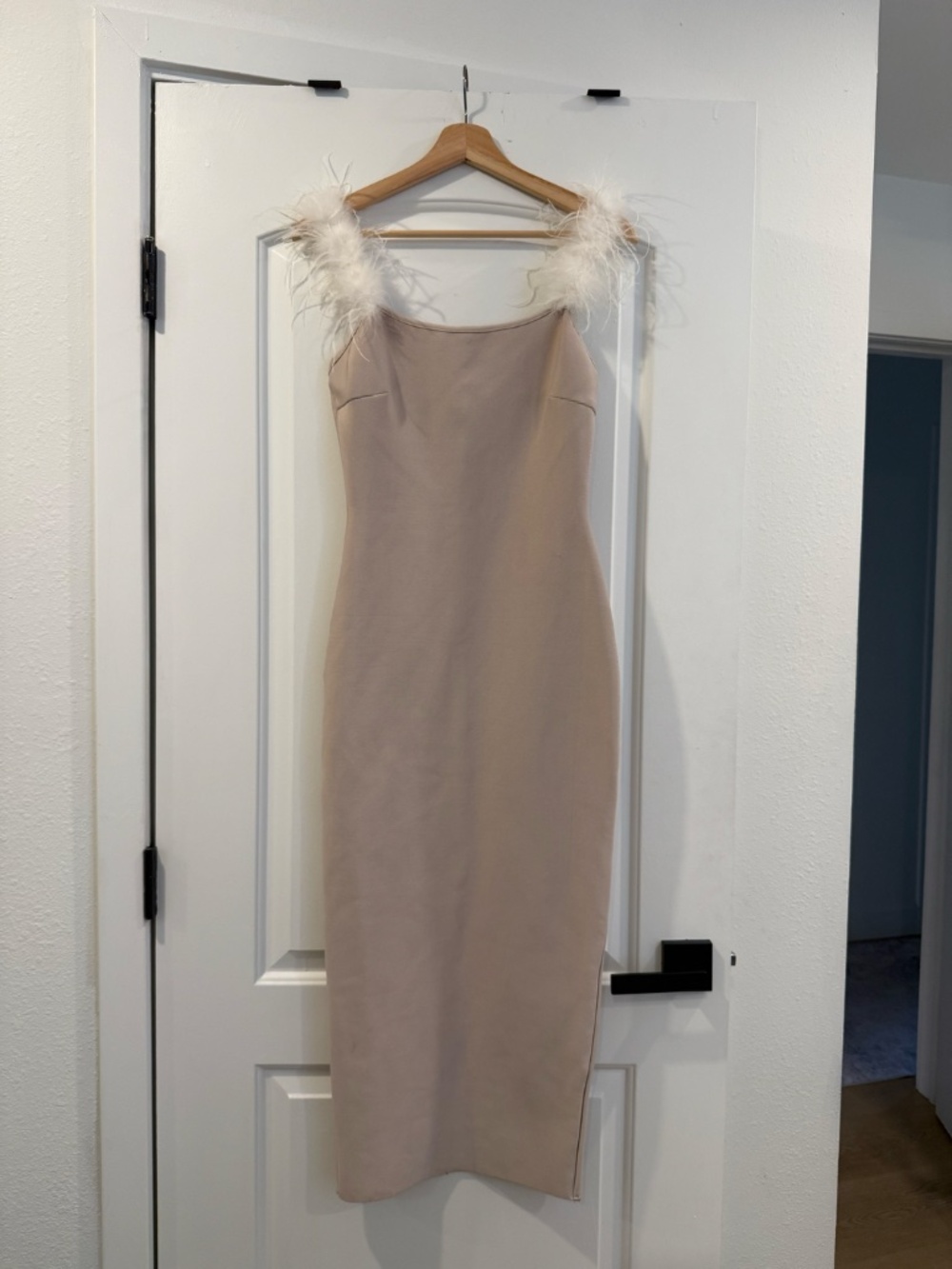 Feathered Strap Bodycon Midi Dress